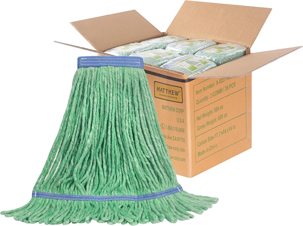 Matthew Cleaning Heavy Duty Mop Head Commercial Replacement for General and Floor Cleaning, Wet Industrial Blue Cotton Looped End String Head Refill (Case of 36) Green