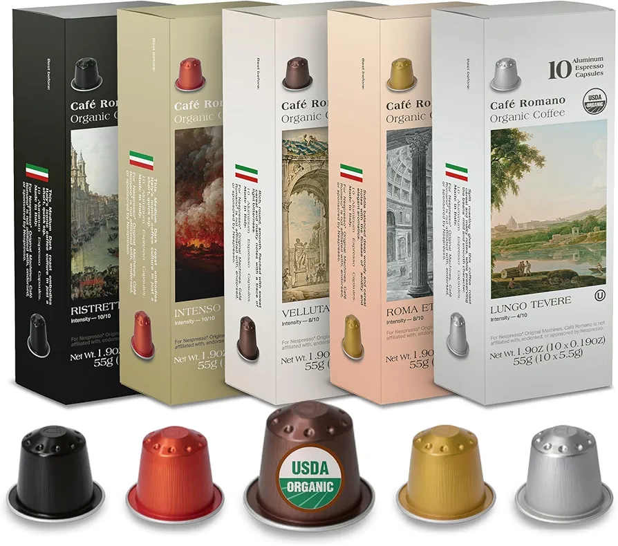 Organic USDA Café Romano Coffee Aluminum Espresso Pods For Nespresso Original Machine 100 Pack Italian Espresso Coffee (Variety pack)