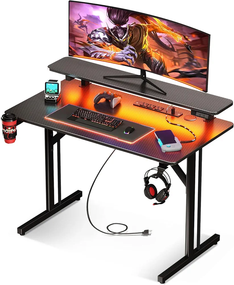 MOTPK Small Gaming Desk with LED Lights & Power Outlets, 31 Inch Computer Desk Gaming Table with Monitor Shelf, Gamer Desk with Carbon Fiber Texture, Kids Boys Desk Gift for Men