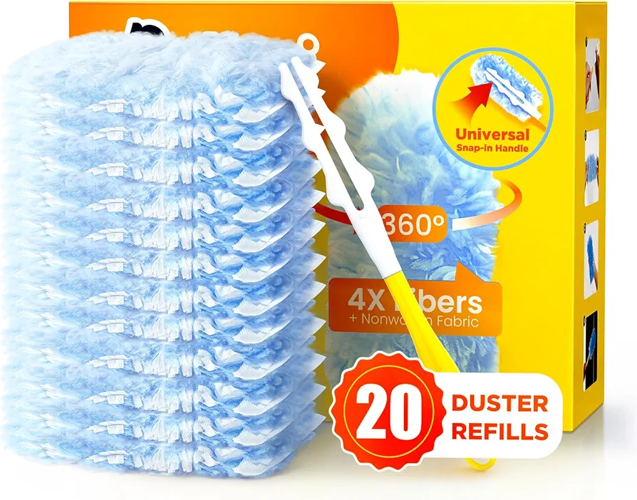 Heavy Duty Duster Refills for Swiffer Duster, 20 Count Duster Refills with 1 Handle, Multisurface 360° Dusters with 4X Microfibers, Unscented Disposable Dusters for Cleaning (Blue)
