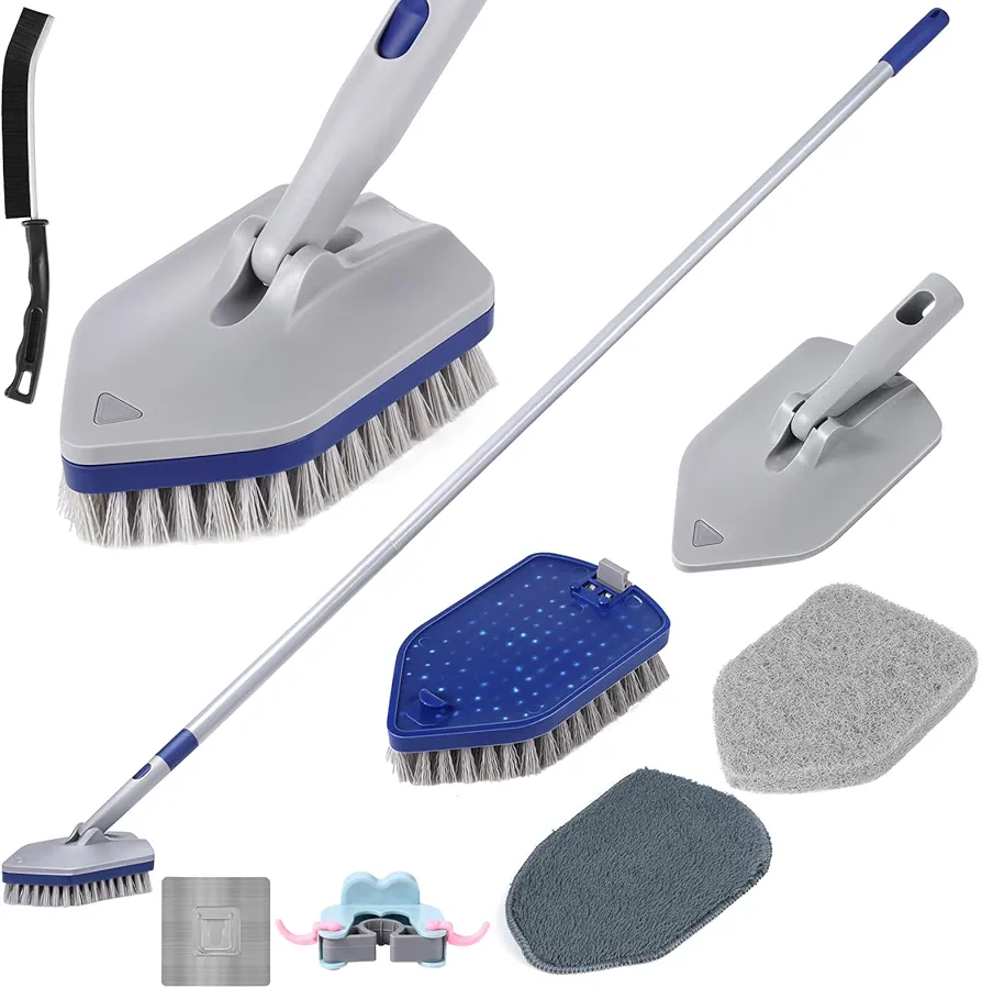 3 in 1 Tub Tile Scrubber Brush, 55.9Inch Adjustable Long Handle Shower Scrubbing & 3 Detachable Replacement Brush Heads Cleaning Brush for Cleaning Bathroom Kitchen Toilet Wall Tiles Without Scratches