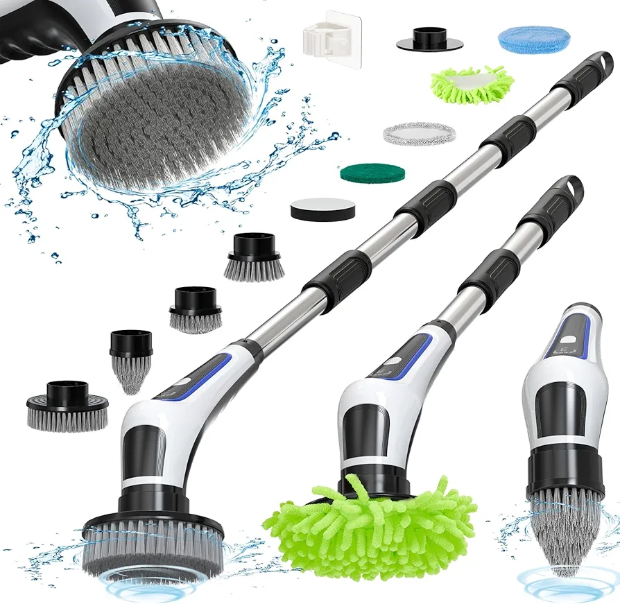 Electric Spin Scrubber,IPX7 Waterproof Cordless Cleaning Brush, Bathroom Scrubber with Adjustable Handle and 9 Replaceable Brush Heads,3-speeds,Electric Rotary Scrubber for Bathroom,Tub,Tile