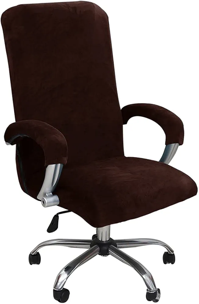 ITFRO Office Chair Cover with Armrest Covers Brown Velvet Computer Chair Cover Desk Chair Cover Universal Rotating Chair Slipcover High Back Chair Seat Protector (Brown)