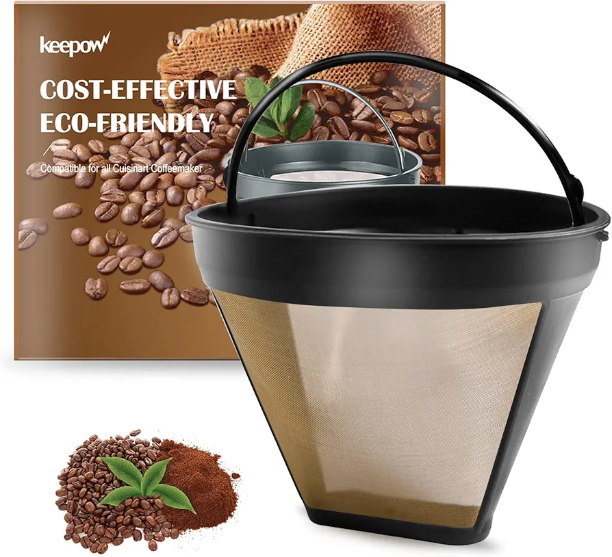 KEEPOW Reusable Coffee Filter Replacement 14 cup Compatible with Cuisinart DCC-3200 DCC-1200 Coffee Maker, Gold Tone Coffee Filter Basket 10 12 14 Cup