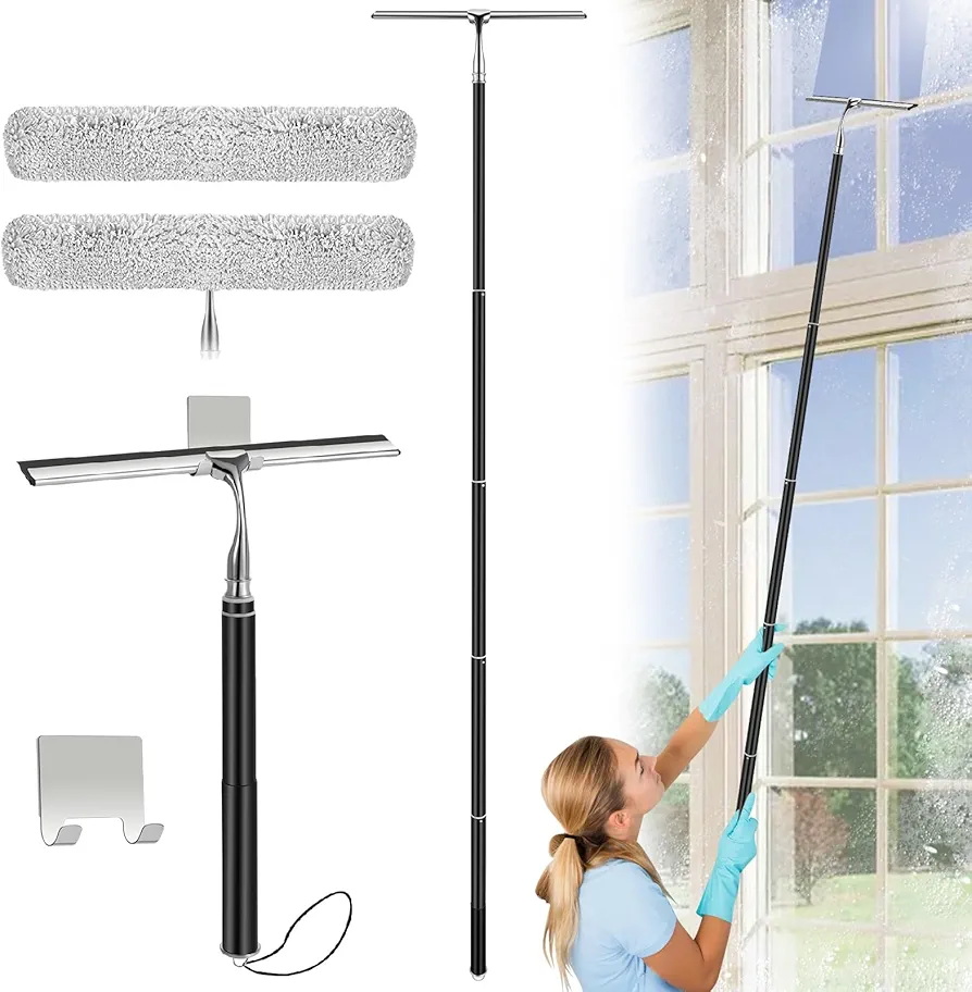 Max 61'' Squeegee with Extension Pole for Window, Glass Door, 2 in 1 Telescopic Shower Squeegee Cleaner for Tile Wall, Floor, Car