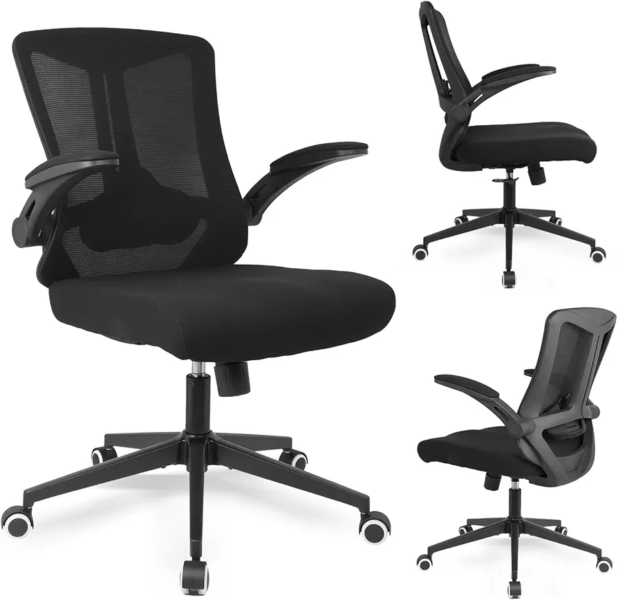 Ergonomic Comfort Home Desk Office Chair, Mid Back Computer Gaming Chair with Wheels, Adjustable Height, Lumbar Support, Flip-up Armrest with 350LBS Capacity (Black)