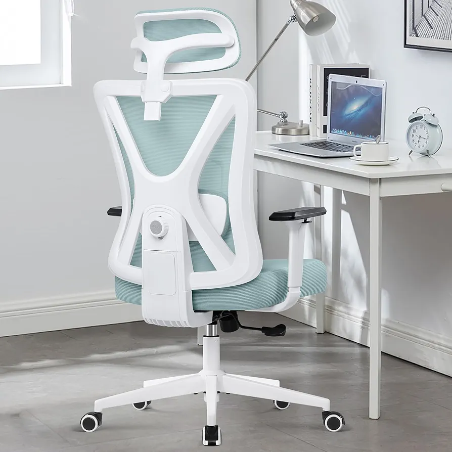 KERDOM Ergonomic Office Chair, Rolling Swivel Executive Desk Chair, Breathable Mesh Gaming Chair with Adjustable Headrest, 3D Armrest and Lumbar Support for Home Office LightBlue