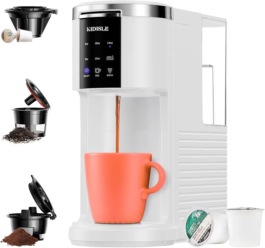 Single Serve Coffee Maker for K Cup Pods & Ground Coffee & Teas, 6 to 14oz Brew Sizes, 40oz Removable Water Reservoir, Self-cleaning Function, White