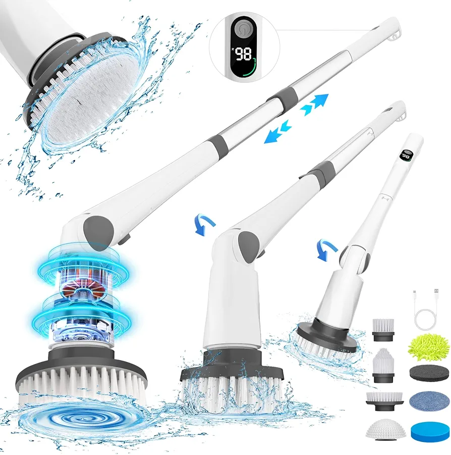 Electric Spin Scrubber, 2024 New Cordless Power Tub Scrubber with Long Handle,101 Lbs Strong Torque Shower Brush with 9 Heads, 2 Speed Mode 3 Adjustable Angles for Cleaning Bathroom Tile