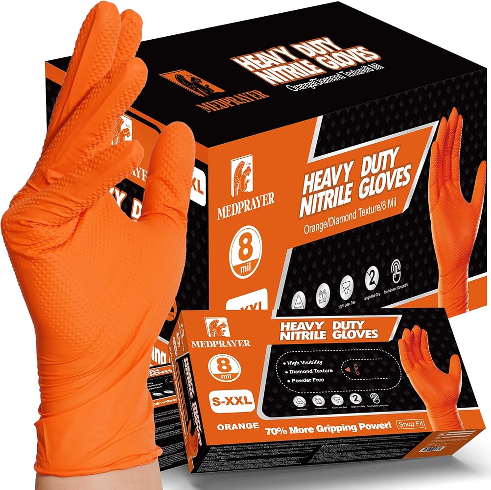 Industrial Nitrile Gloves – Heavy Duty Latex & Powder Free Disposable Gloves with Diamond Texture - 8 Mil (Orange)