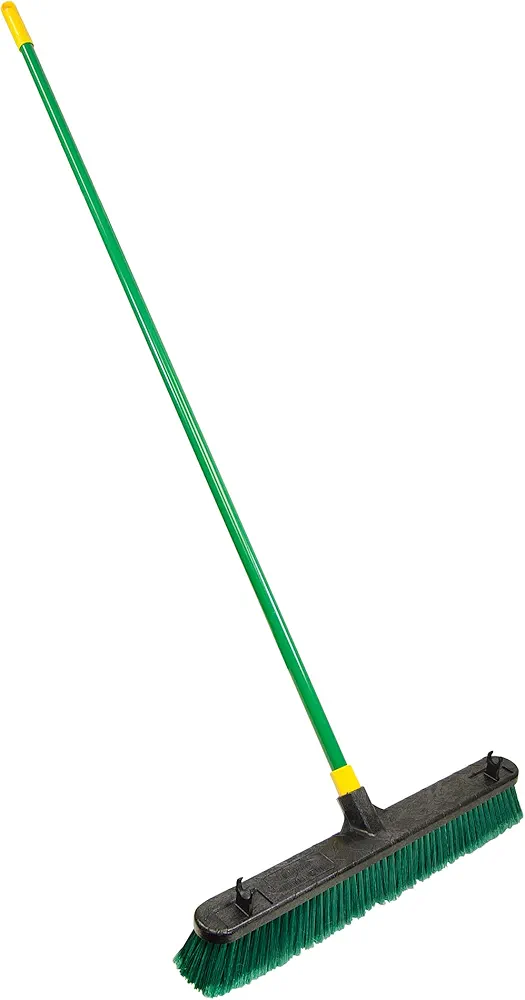 Quickie Bulldozer Multi-surface Push Broom 24 inch, Green, Indoor and Outdoor Cleaning, Steel Handle, Professional-Grade, Sweep Jobsites/Sidewalks/Warehouse/Concrete/Asphalt/Wood (538)