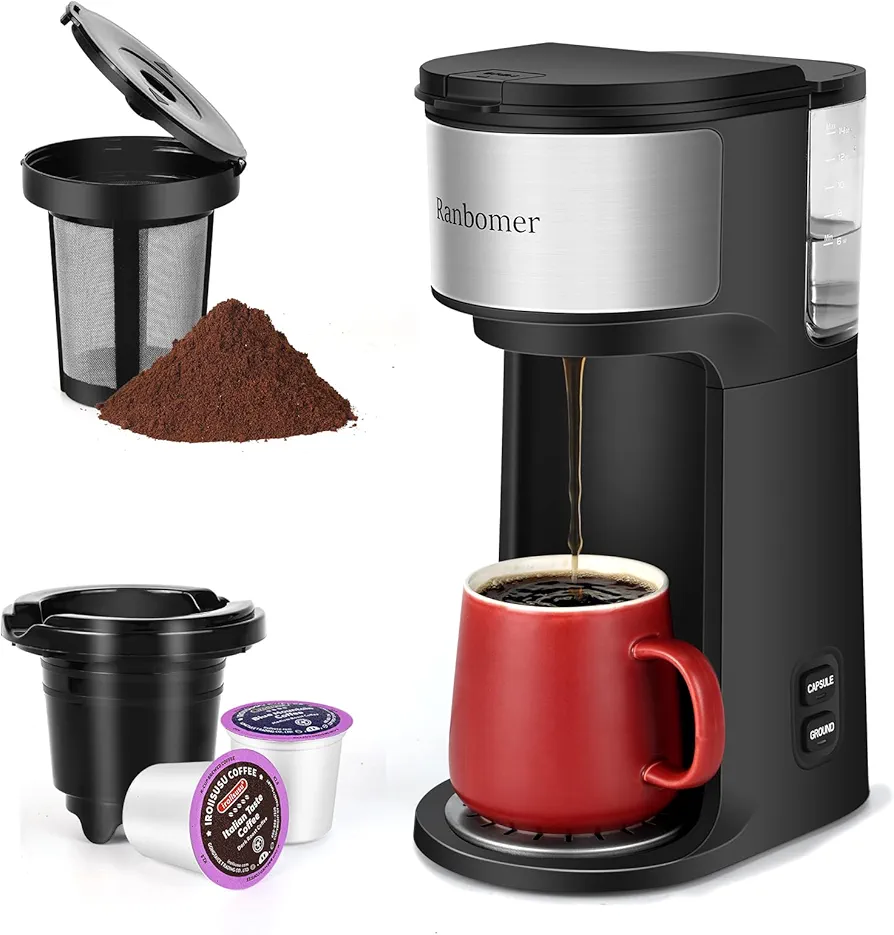 Single Serve Coffee Maker, K Cup and Ground Coffee Machine 2 in 1, 6 to 14 Oz Brew Sizes, Mini One Cup Coffee Maker with Self cleaning Function, Fits Travel Mug, Black