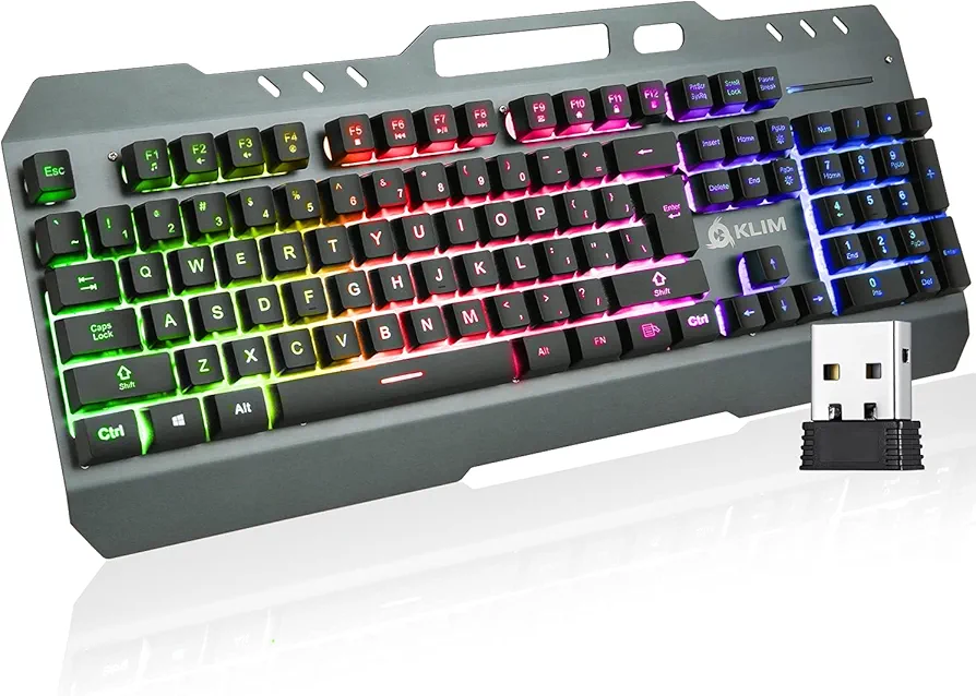 KLIM Lightning Wireless Keyboard US New 2024 + Metal Frame and Durable Keys + Mechanical Feel Keyboard for PC PS4 PS5 + 5-Year Warranty + Wireless Gaming Keyboard with Bright Rainbow Backlighting