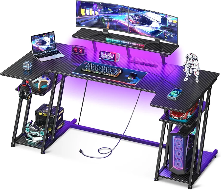 MOTPK Gaming Desk with LED Lights, 60 Inch U Shaped Desk with Power Outlet, Gaming Computer Desk with Storage Shelves, PC Gaming Table with Monitor Stand&Headphone Hook, Carbon Fiber Texture, Black