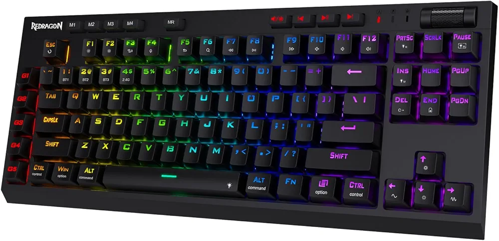 Redragon K596 PRO RGB Mechanical Gaming Keyboard, 5.0 BT/2.4 Ghz/Wired Three Modes, 87 Keys TKL Compact Keyboard w/Durable Battery, 10 Onboard Macro Keys & Wrist Rest, 10H Play Time, Red Switches