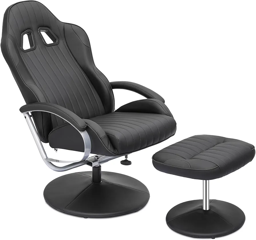 MoNiBloom Racing Style Recliner Chair with Ottoman, Adjustable Backrest Gaming Recliner, Padded Armrest and 360° Swivel, Perfect for Gaming and Relaxation, Black