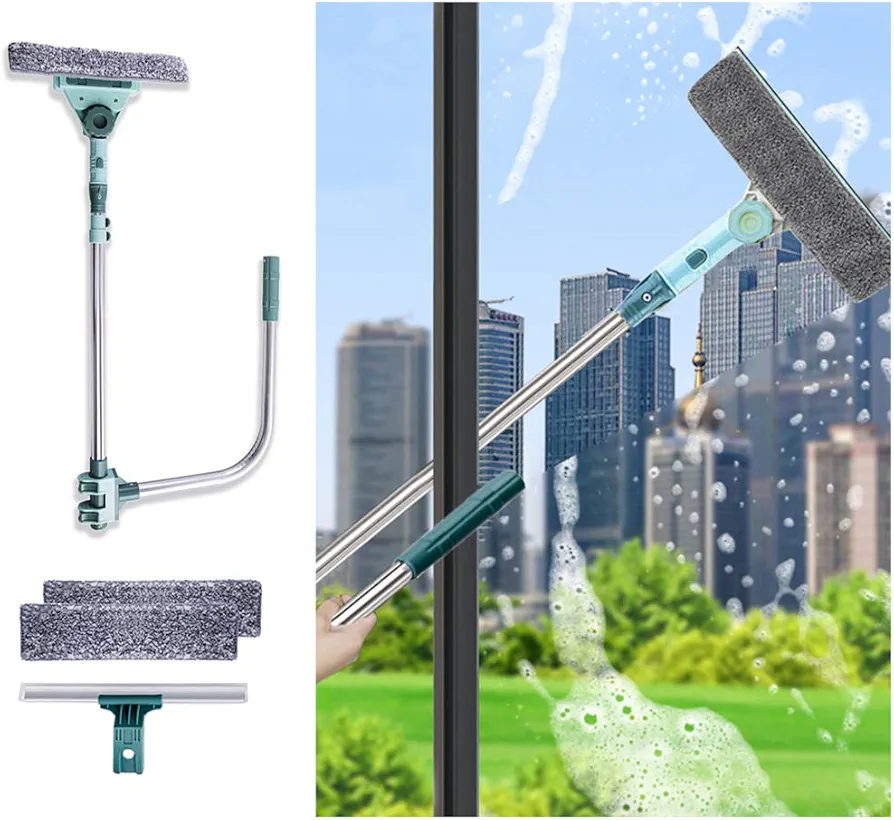 Window Squeegee Cleaning Tool, 3 in 1 U Shaped Cleaner Kit with Extension Pole, Telescopic Double Sided Cleaner for High Floor Window…