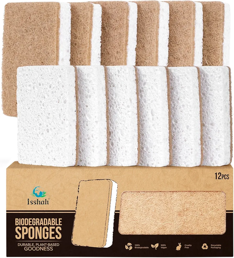 Plant-Based Kitchen Sponges - FSC Certified and PETA Approved, Natural, Eco-Friendly, Biodegradable Sisal Hemp Sponges for Dishes, Cleaning Sponge for Kitchen, Bathroom, Household - 12 Count