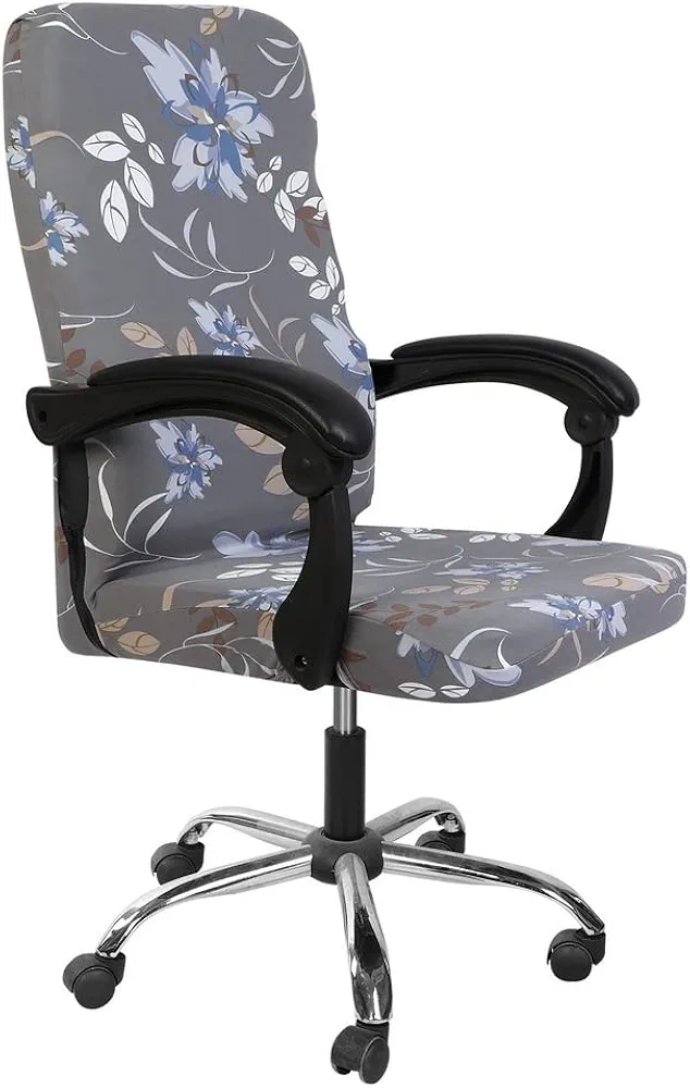 SearchI Office Chair Cover with Durable Zipper，Printed Washable Stretchable Desk Chair Cover，High Back Computer Chair Cover,Office Chair Seat Slipcover (Grey Flower, Medium)