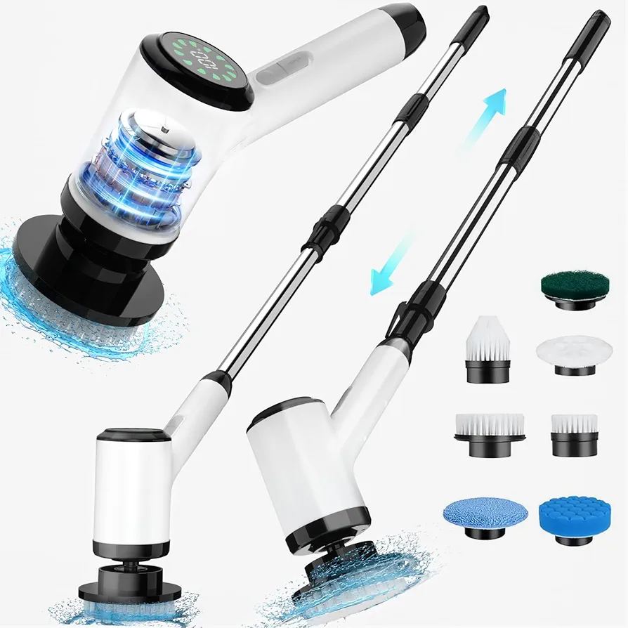 Electric Spin Scrubber Cleaning Brush: Cordless Power Shower Brush with Long Handle for Bathroom Tub Tile