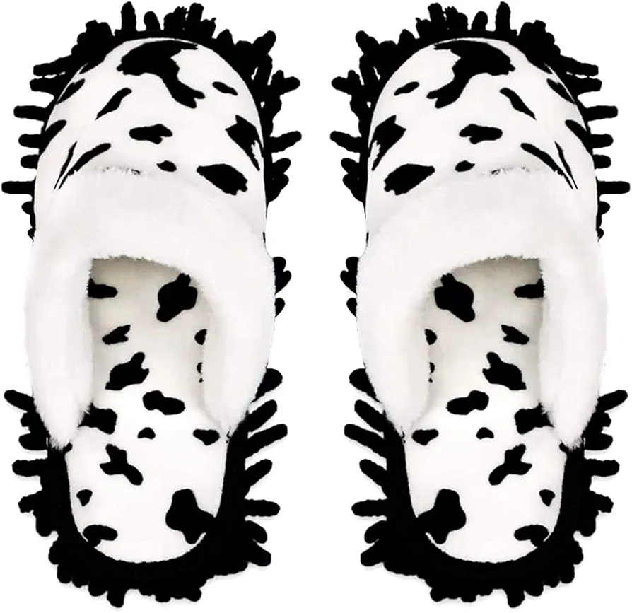 Microfiber Floor Mop Slippers House Dust Cleaning Tool Detachable Washable Shoes for Kitchen House Cleaning (Women 7-10/Men 5-8, Cow pattern)