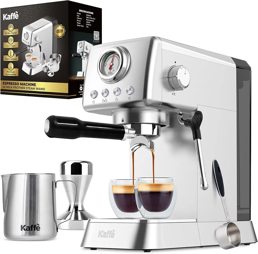 Kaffe 20 Bar Espresso Machine w/Premium Accesories & Milk Frothing Steamer - Stainless Steel - High Pressure Pump Coffee Machine - Thermo Block System for Faster Heating & Detachable Water Tank