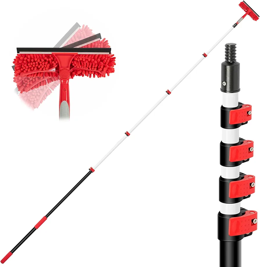 6-24 FT Window Squeegee with Extension Pole, Window Cleaning Kit with Telescoping Pole, Window Washing Kit with Long Handle for High Outside, 30 FT Reach Window Cleaner Tool