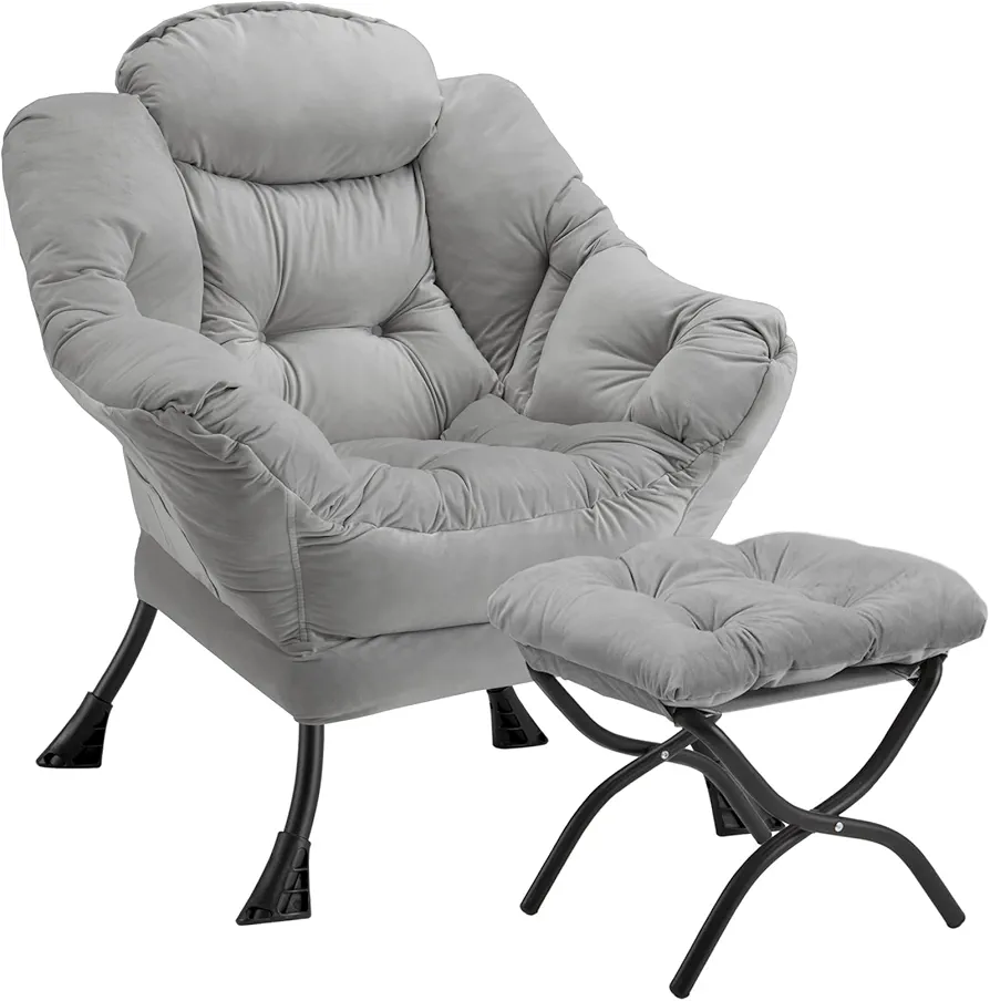 Lazy Chair with Folding Ottoman Modern Large Accent Chair,Contemporary Lounge Leisure Sofa Chair with Armrests Upholstered Sofa Armchair Reading Chair for Bedroom,Dorm&Office (Light Grey-f)