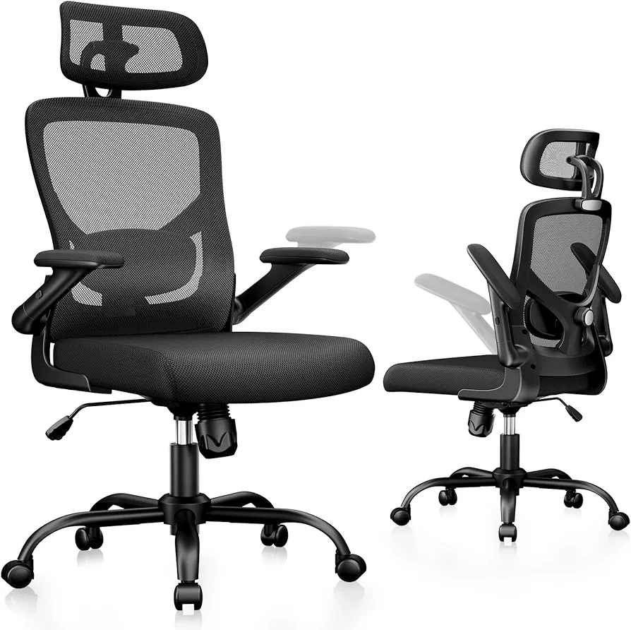 Marsail Ergonomic Office Chair High Back Ergonomic Desk Chair Adjustable Lumbar Support with Headrest Flip-Up Liftable Arms Swivel Computer Task Chair