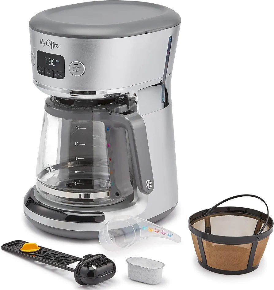 Mr. Coffee Easy Measure 12 Cup Programmable Maker with Gold Tone Reusable Filter, Silver/Chrome