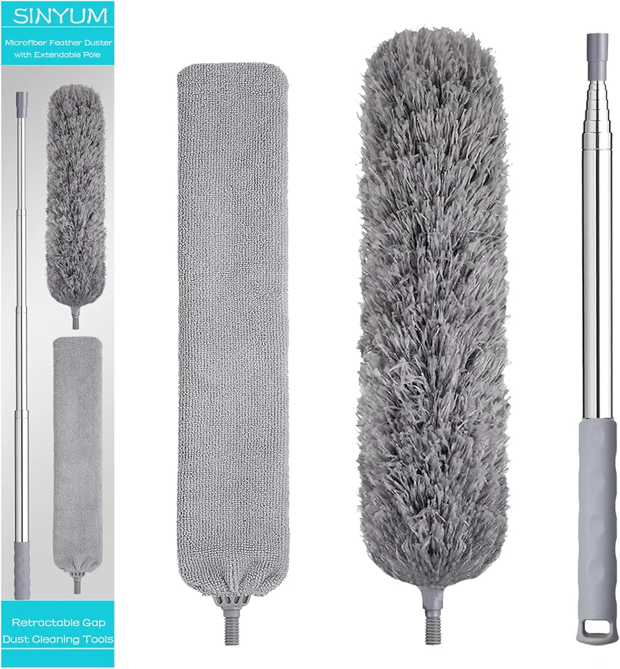 100 Inch Microfiber Feather Duster & Gap Dust Cleaner Tools with Extension Pole for Cleaning, Bendable Microfiber Head Washable Ceiling Fan Duster for High Ceilings, Furniture Couch Fridge