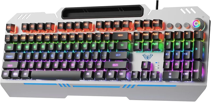 AULA Keyboard, T102M 104 Keys Hot Swappable Mechanical Gaming Keyboard with Rainbow Backlit, Red Switches, All-Metal Panel, Media Control Knob, Programmable USB Wired Keyboard for MAC Xbox PC Gamers
