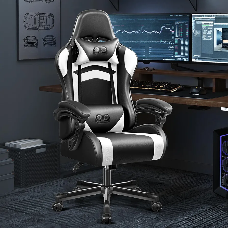 OneGame Ergonomic Gaming Chair, High-Back Computer Gamer Chair, Height Adjustable Game Chair with Adjustable backrest, Racing Style Gaming Office Chair with Headrest and Lumbar Support, Blackwhite