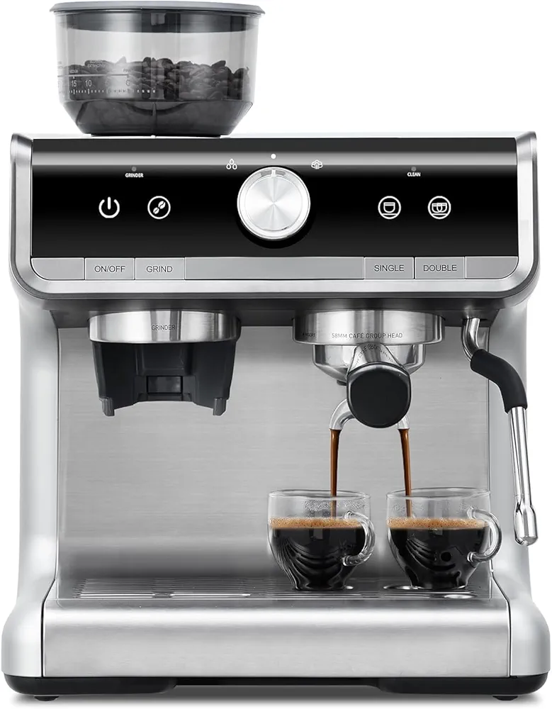 Semi-Automatic Espresso Machine - 1450W/20 Bar Professional Coffee Machine,30Grinder Settings, Fast Heating, Milk Frother Steam Wand, Home & Hotel Use, Silver