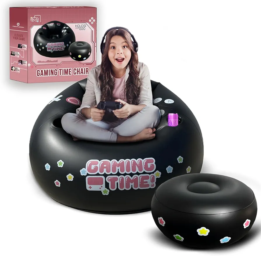 FranFusion Inflatable Pink Gaming Chair for Kids & Teens with Cup Holders and Side Pocket - This Air Bean Bag Game Chair is The Perfect Furniture for Gamer Room Décor (Gaming Time with Ottoman)