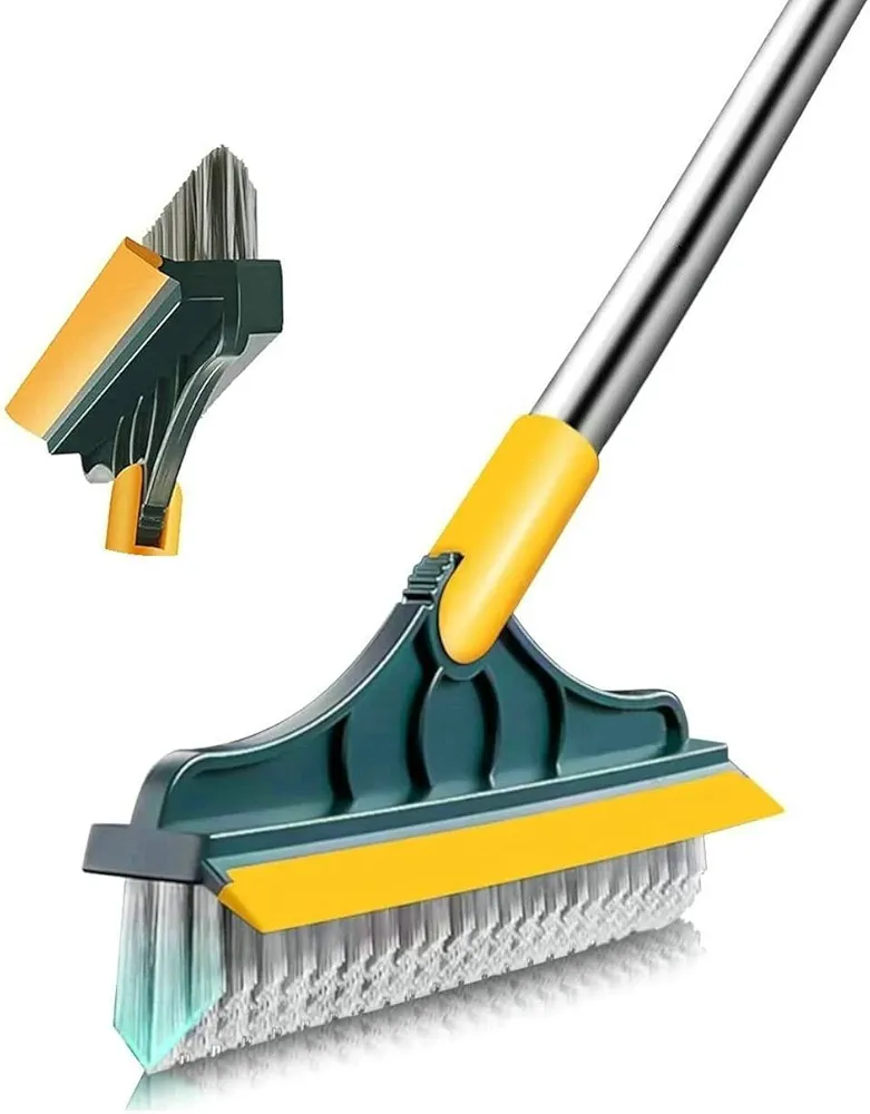 2 in 1 Floor Brush Scrubber with Long Handle Grout Brush 2023 New Upgrade Scrape Stiff Bristle Cleaning Scrub Brush with Squeegee 120°Rotating Tile Brush for Cleaning Bathroom Glass Patio Kitchen