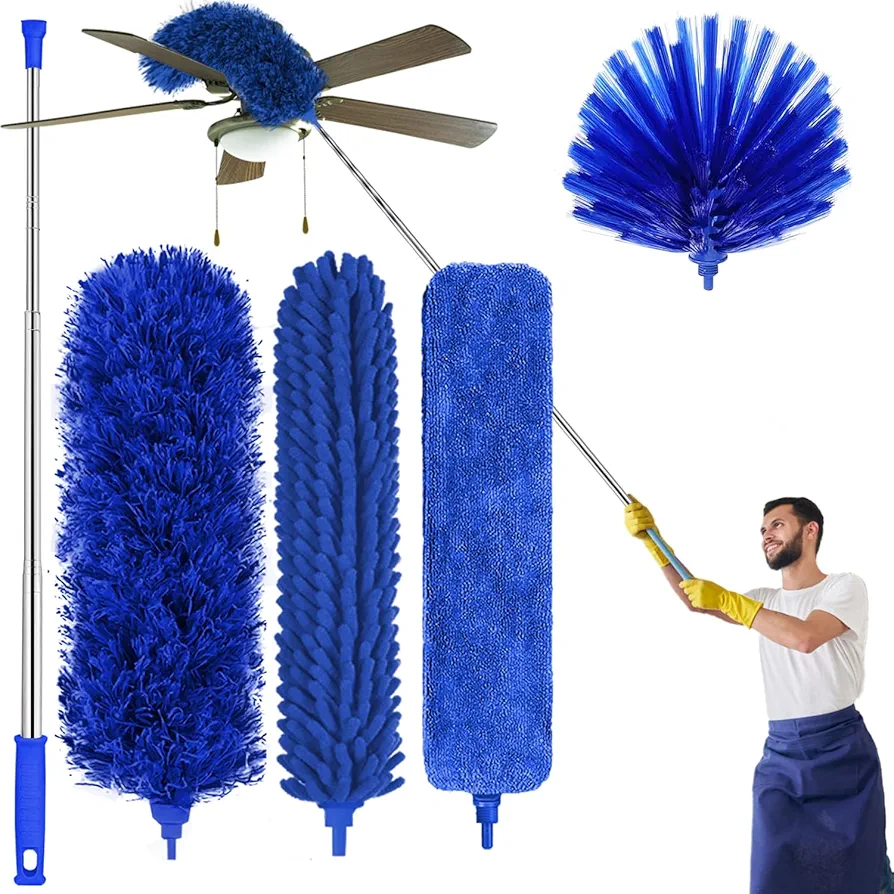 Microfiber Feather Duster, 5PCS Washable Cobweb Dusters for Cleaning Kit with 100" Extension Long Pole, Bendable Telescopic Duster for High Ceiling Fan, Blinds, Furniture & Cars