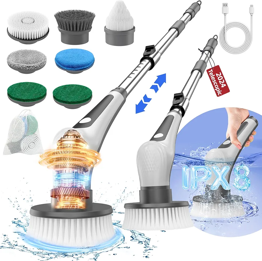 Electric Spin Scrubber, IPX8 Waterproof Cordless Electric Scrubber for Cleaning, 360 Power Electric Cleaning Brush for Cleaning Bathroom Shower Tub Kitchen