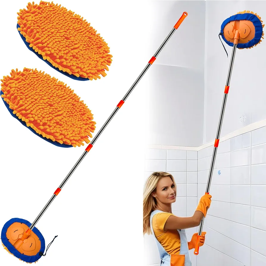 Wall Cleaner, Max 13 Ft+ Wall Mop with Long Handle, Ceiling Dust Mop with 15° Labor-Saving Elbow Extension Pole, Baseboard Duster Washer Scrubber, High Reach Window Cleaning Brush, Roof Cleaning Tool
