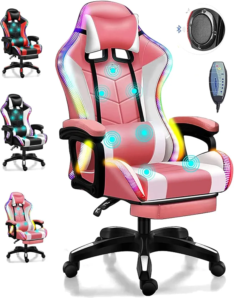 TBQATNTS Gaming Chair with Speakers,Led Gaming Chair,Ergonomic Pro Gaming Chair with Full Massage Lumbar Support Bluetooth Speakers Backrest Adjustable/Gaming Chairs for Adults,Pink