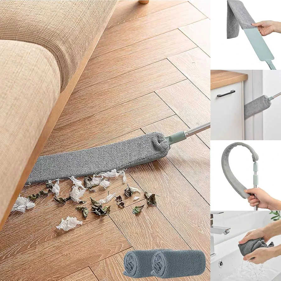 Dust Brush Under Appliance Microfiber Duster with Extension Pole (40 to 55 inches) Bendable, Washable, Extendable Gap Dusters for Sofa Bed Furniture Bottom - Wet or Dry Gray