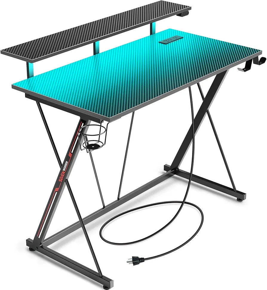 SEVEN WARRIOR Gaming Desk with LED Lights & Power Outlets, 31.5" Computer Desk with Monitor Shelf, Home Office Desk with Cup Holder and Headphone Hook, Ergonomic, Carbon Fiber Surface Black