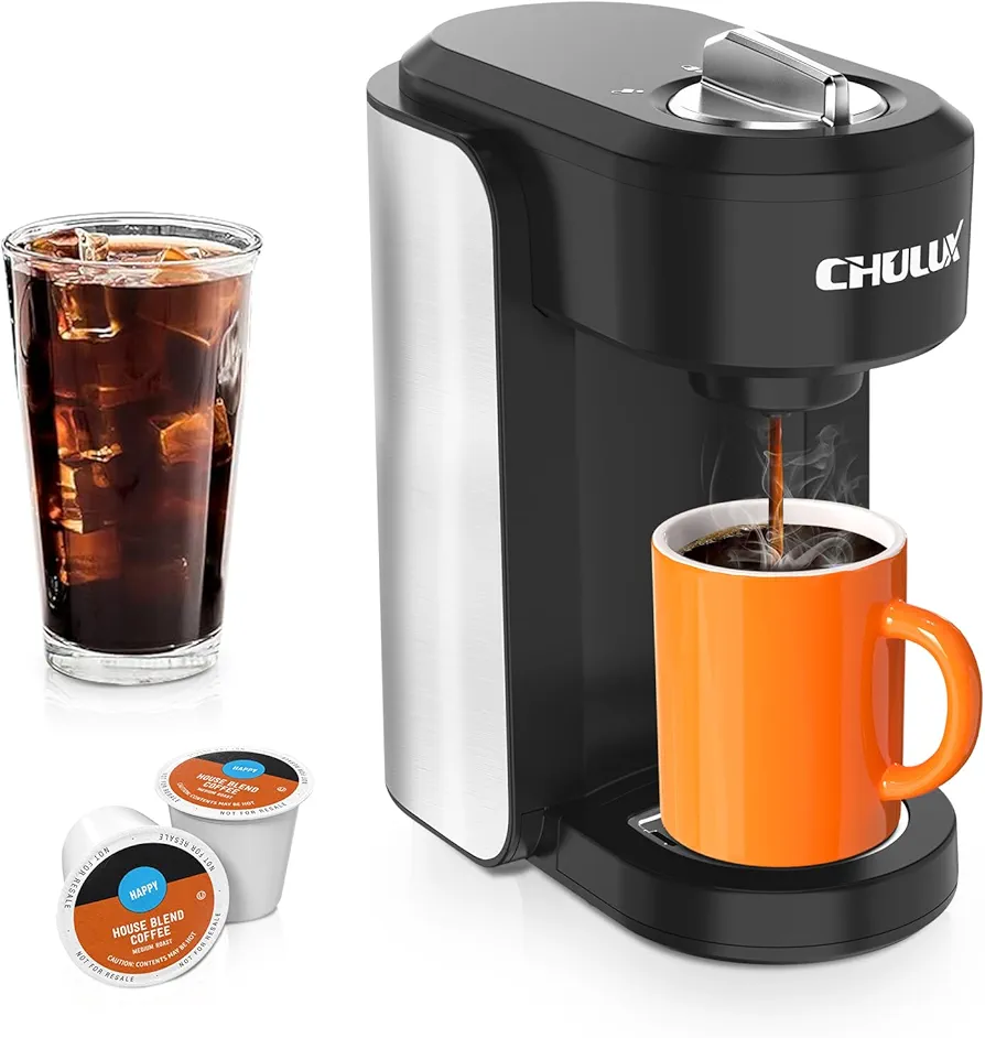 CHULUX 1000W Compact Single Serve Coffee Maker, Instant One Cup Coffee Pod Maker for K Cup & Ground Coffee, Stainless Steel Capsule Coffee Machine, 90s Fast Brewing