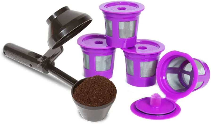 2-Item Bundle: 4-Pack Cafe Save Reusable K Cup Coffee Filters + EZ-Scoop 2 Tbsp Scoop with Integrated Funnel, Refillable Pod Capsule For Use with Keurig & Select Single Cup Coffee Maker