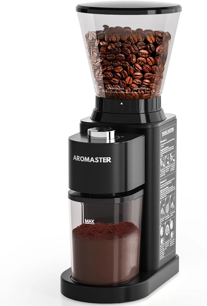 Aromaster Burr Coffee Grinder, Coffee Grinder for home use, Stainless Steel Coffee Grinder Electric, 24 Grind Settings, Espresso/Pour Over/French Press Coffee Maker, Black
