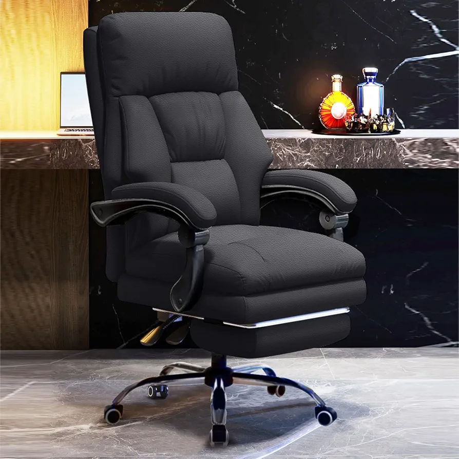 Executive Office Chair Comfortable Desk Chairs with Foot Rest High Back Computer Gaming Chairs Reclining PU Leather Work Chair for Home Office, Black