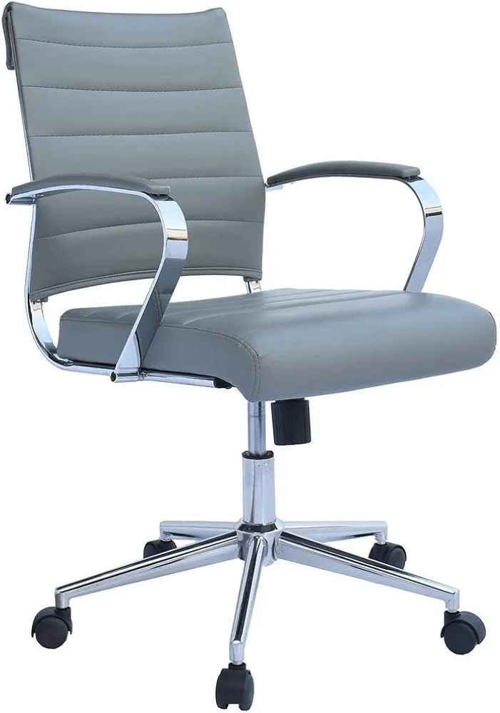 Mid-Century Modern Chrome Metal Mid Back Ribbed Stitching Grey Ergonomic Office Chair with Lumbar Support, Transitional Adjustable Seat Height Tilt Tension Control PU Leather Office Desk Gaming Chair