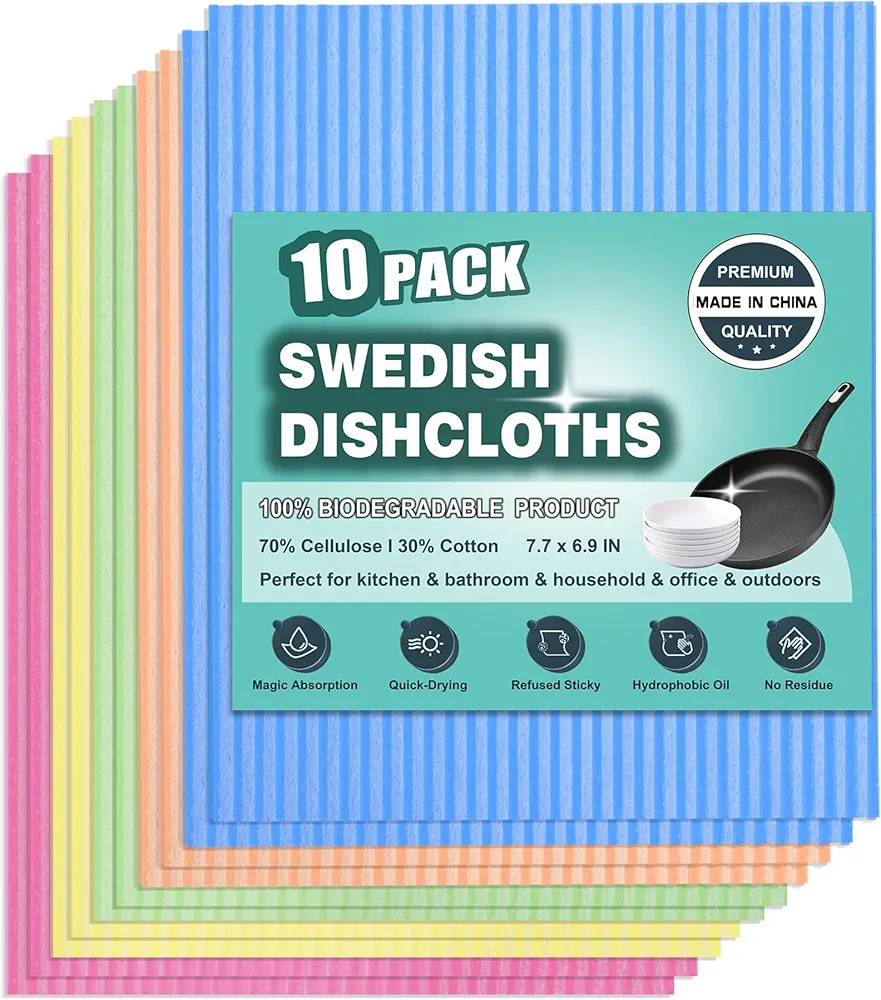 METUUTER 10 Packs Swedish Dishcloths for Kitchen, Reusable Kitchen Dishcloths Compostable Cellulose Dish Clothes for Kitchen and Household Use