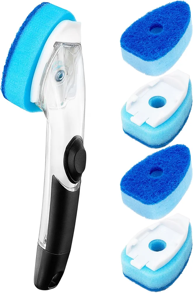 HELIME Non Scratch Dishwand Handle Kit with 5 Refills, Heavy Duty Dish Wand Scrubber Replacement, Scrub Sponge Heads with Hole, Soap Control Dispenser, Dishwashing Brush Packs, Kitchen Cleaning Tools