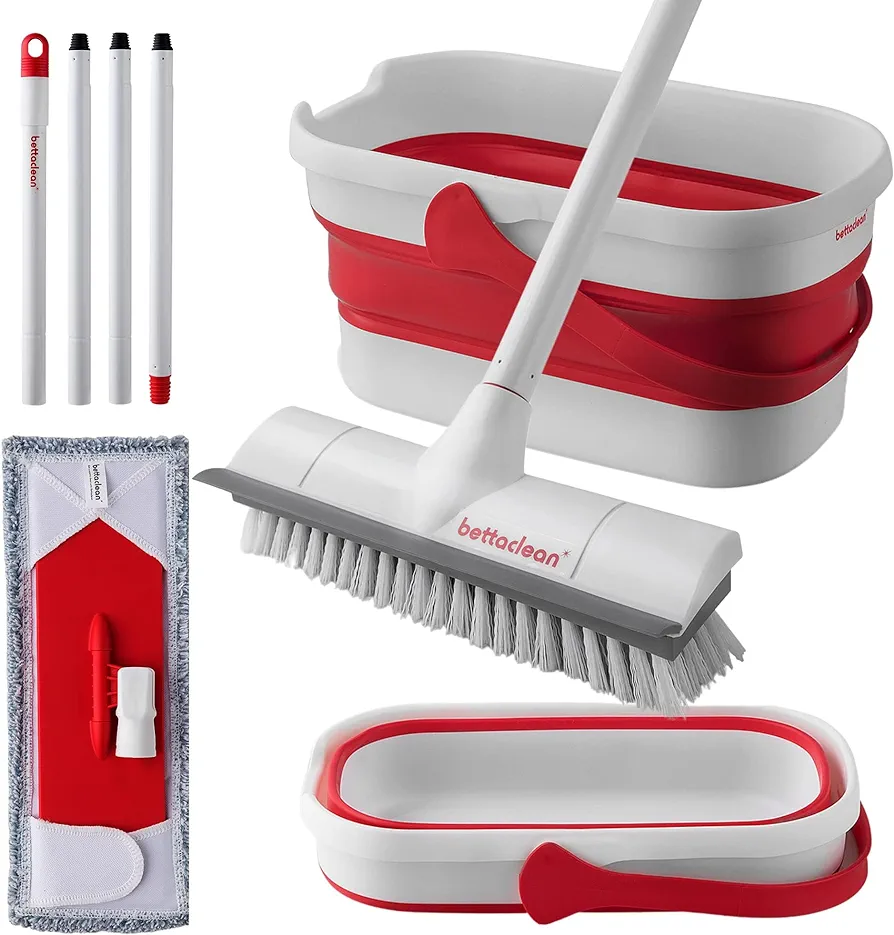 Foldable Mop and Bucket Set with Heavy Duty Scrub Mop and Broom, Collapsible Mop and Bucket with Wringer Set for Home, Indoor & Outdoor Mop for Patio, Deck, RV, Concrete Floor Cleaning by Bettaclean